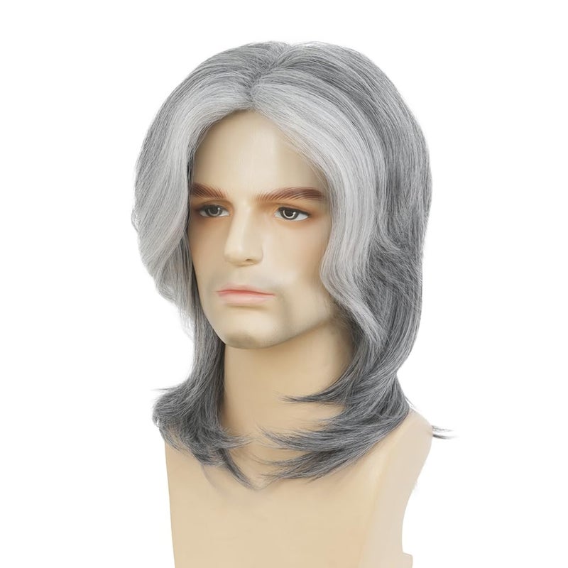 Swiking Mens Grey Mullet Wig Long Gray Mixed White Layered Wig Synthetic Hair Replacement Wig for Halloween Day Use - Image 3